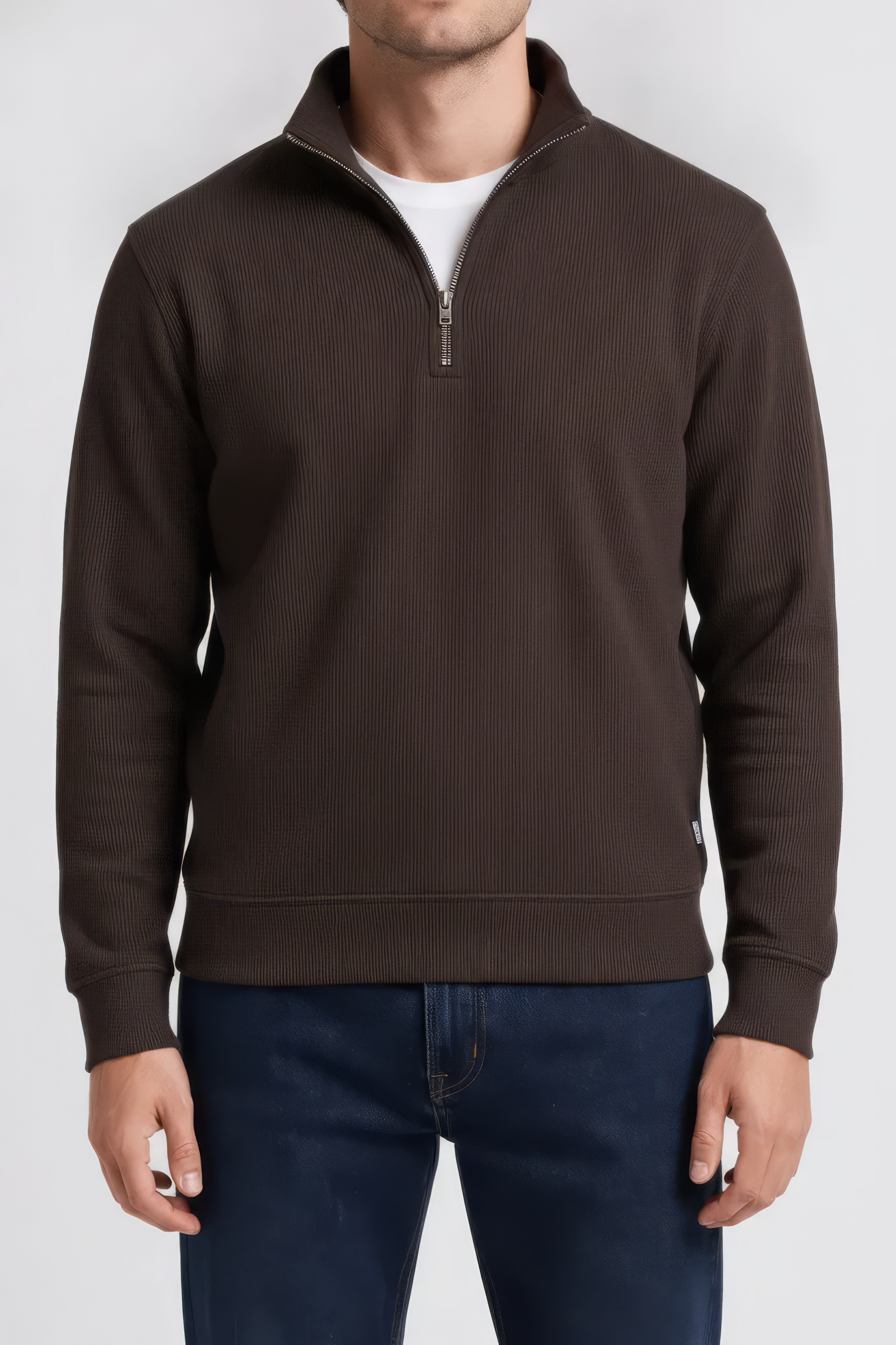 Men’s Espresso Brushed Seersucker Half Zip Sweatshirt with Standing Collar