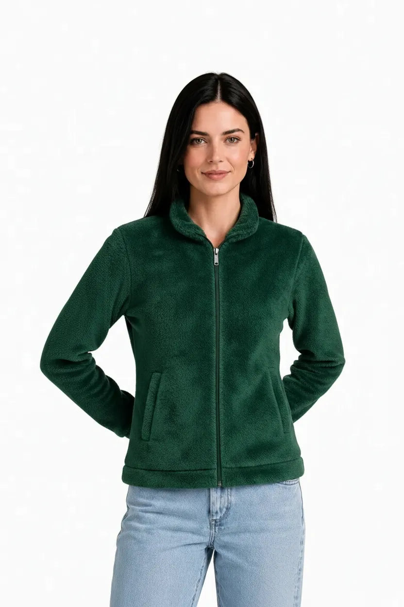 Women Hunter Green Double Sided Coral Fur Full Zip | Soft Winter Sweatshirt