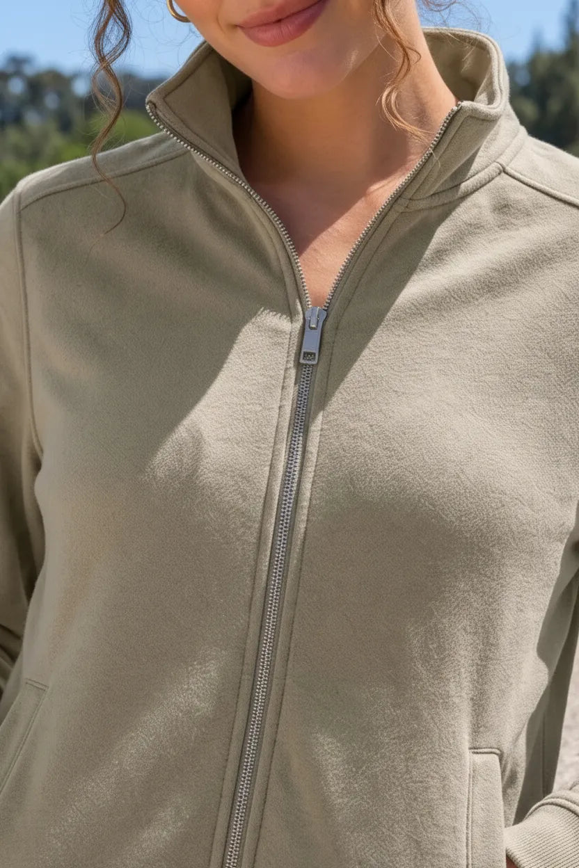 Women Natural Milange Cotton Blended German Velvet Full Zip | Standing Collar Winter Sweatshirt