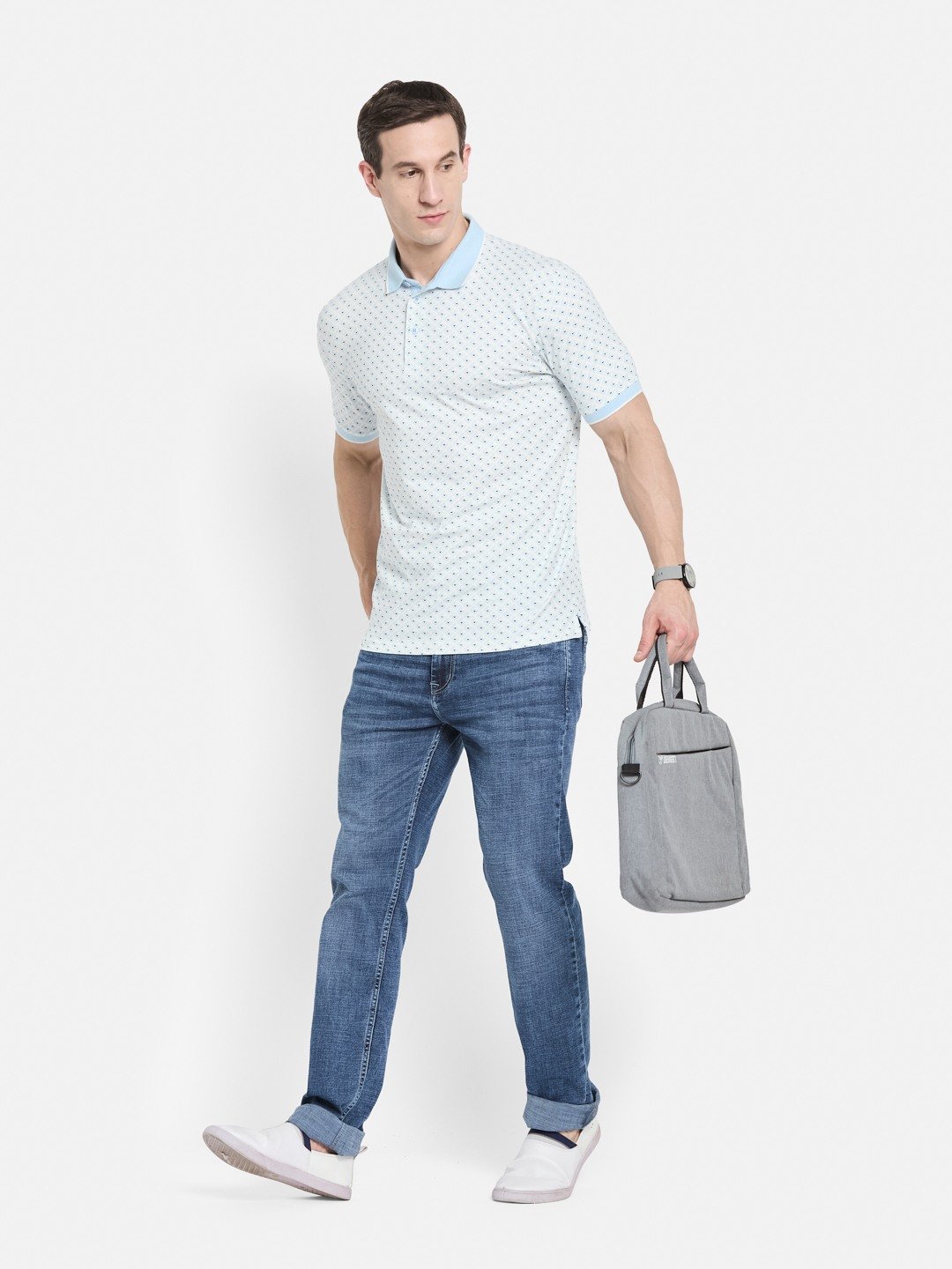AOP MOTIF PRINT  POLO NECK SINGLE JERSEY KNIT LYCRA T-SHIRT