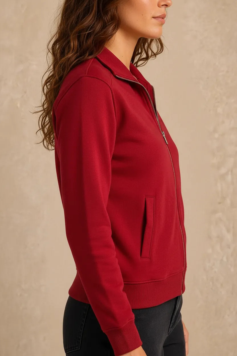 Women Hot Pink Cotton Blended German Velvet Full Zip | Standing Collar Winter Sweatshirt