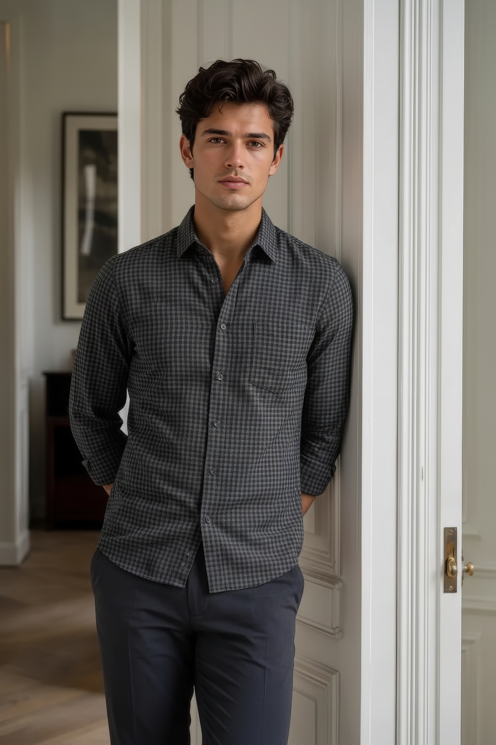 Men’s Black Full Sleeve Melange Cotton Twill Check Shirt