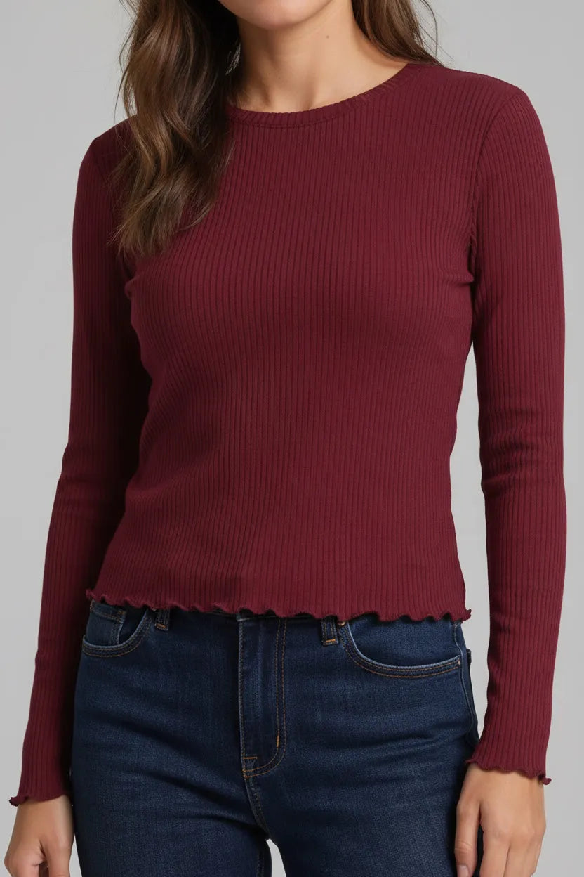 Women’s Wine Rib-Knit Viscose Round-Neck Full-Sleeve Winter Top