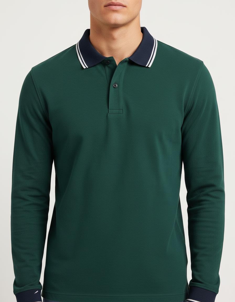 Men’s Bottle Green Full Sleeve Polo T-Shirt | Cotton Blend Lycra Stretch
