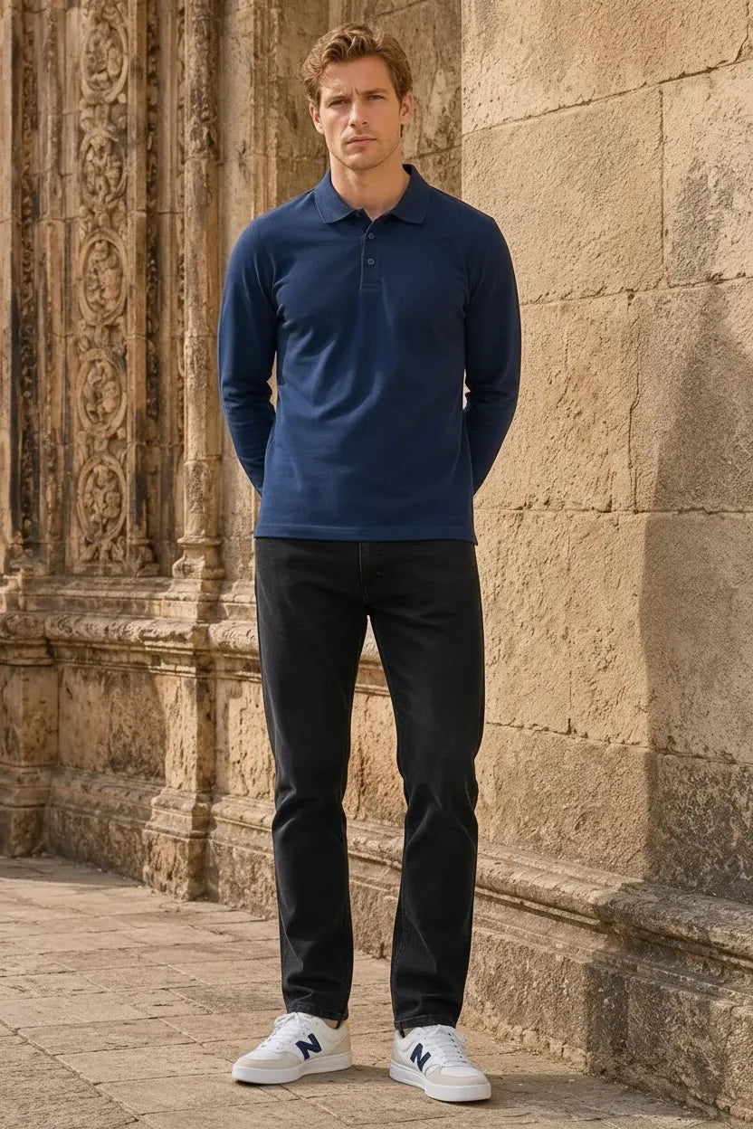 Men’s Navy Pique Lycra Polo Neck Full-Sleeve Winter T-Shirt