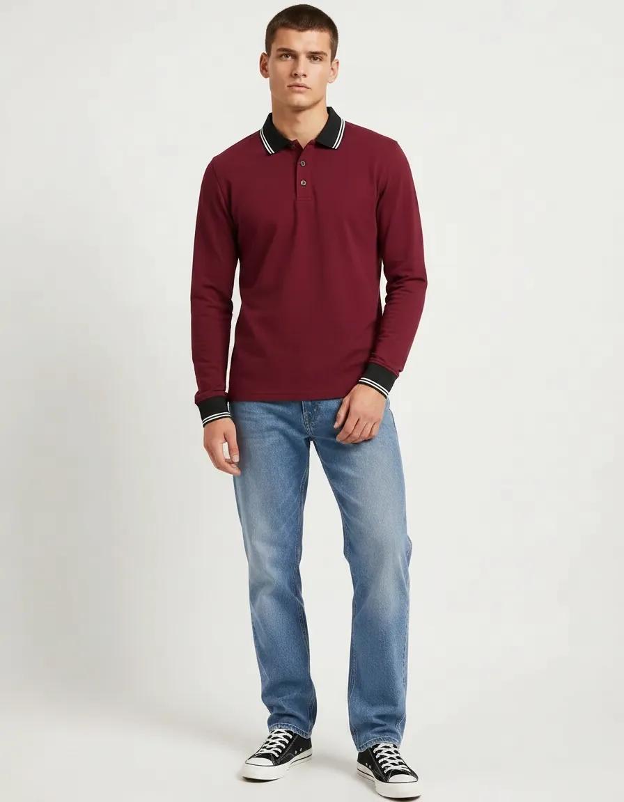 Men’s Merlot Full Sleeve Polo T-Shirt | Cotton Blend Lycra Stretch