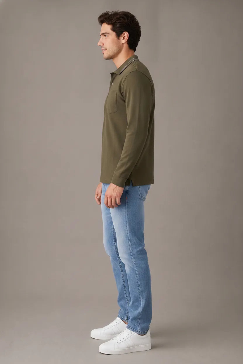 Men's Tan Full Sleeve Cotton Waffle Knit Polo T-Shirt | Textured