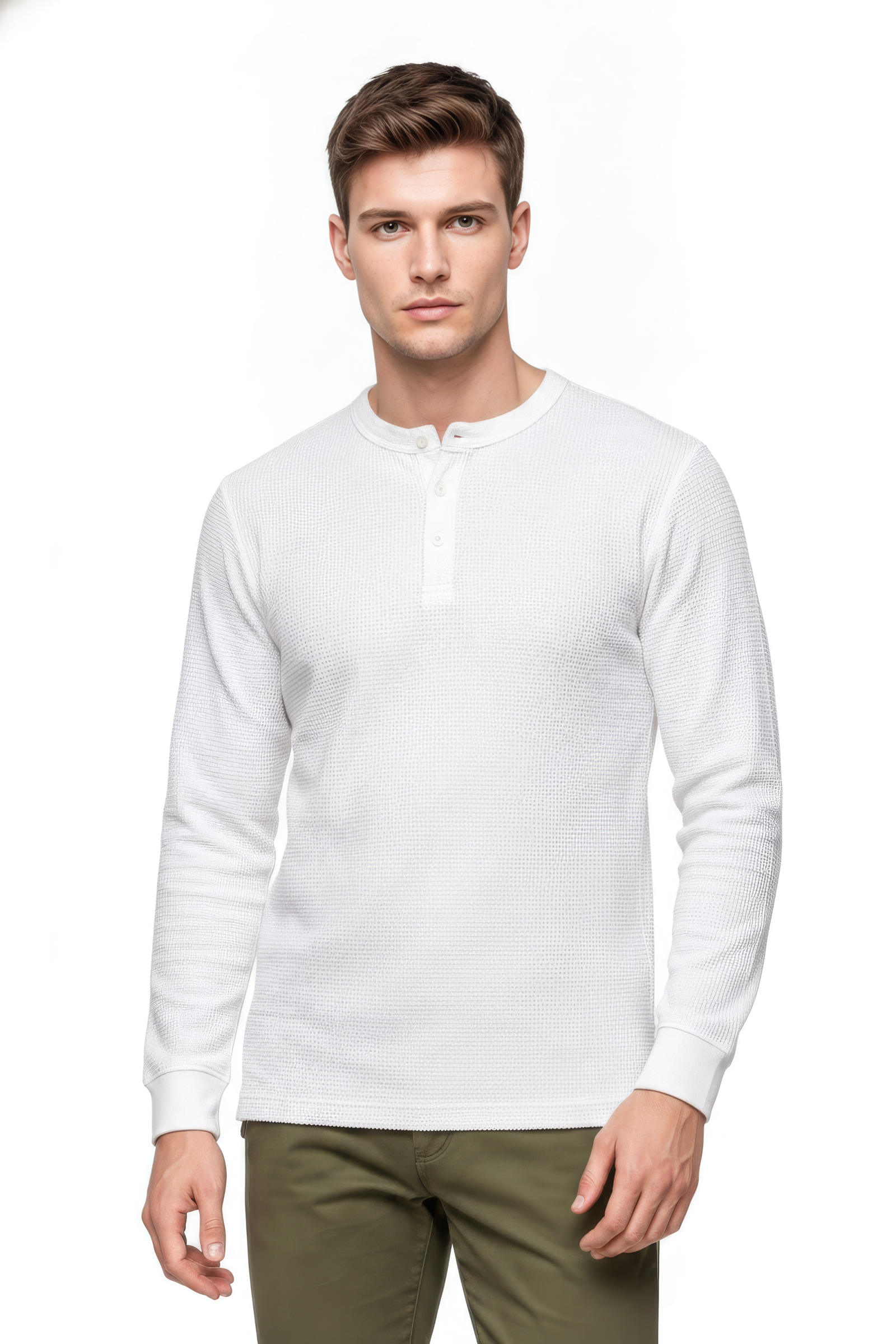 Men’s White Full Sleeve Mandarin Collar T-Shirt | Cotton Blended Seersucker Fabric