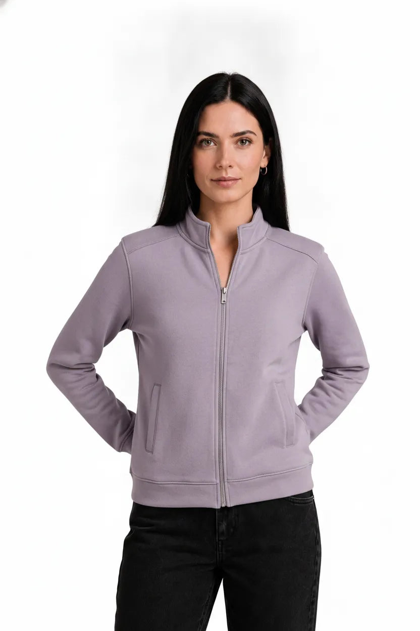 Women Levender Milange Cotton Blended German Velvet Full Zip | Standing Collar Winter Sweatshirt