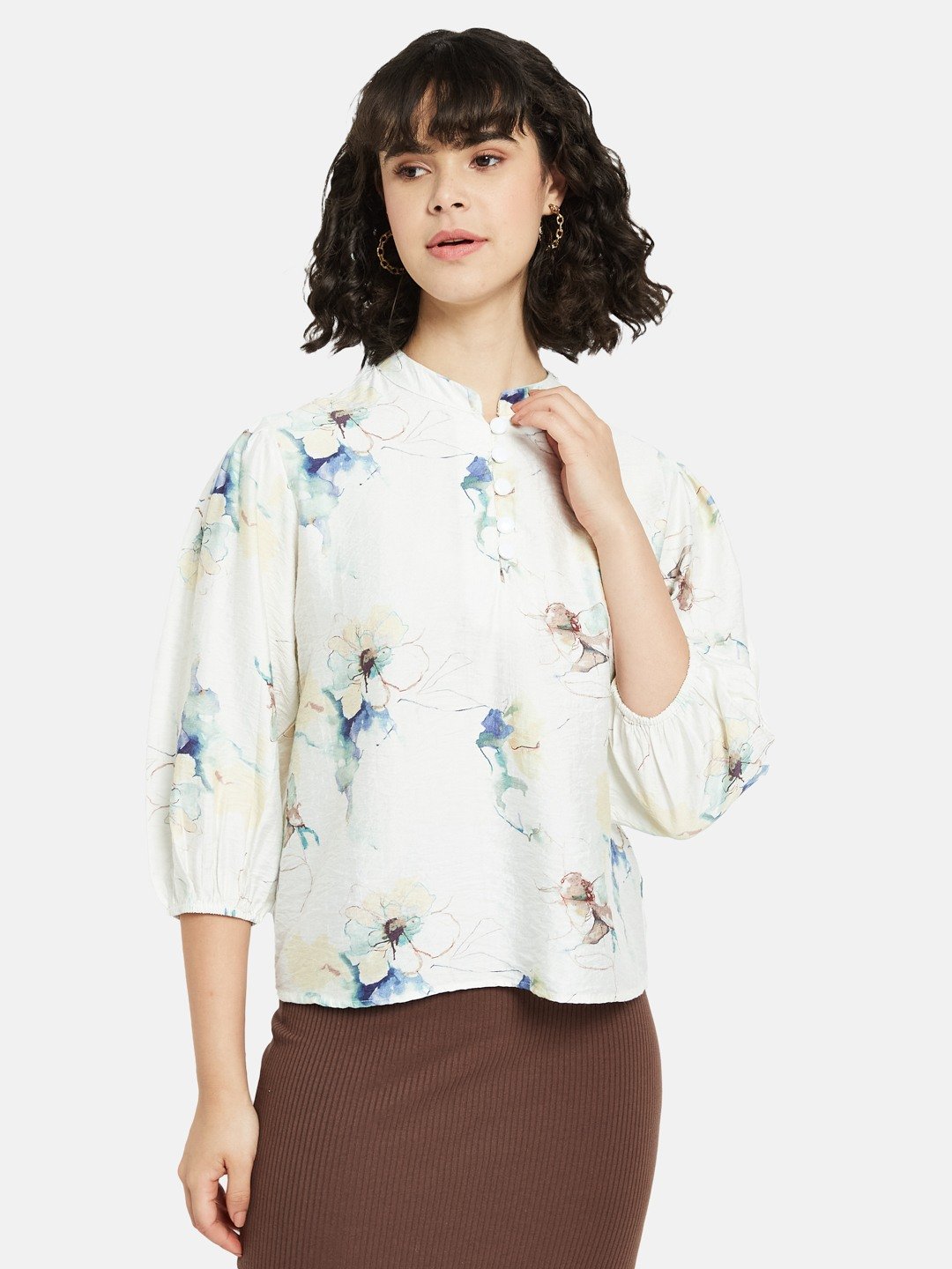METTLE Off White Floral Print Mandarin Collar Cotton Top