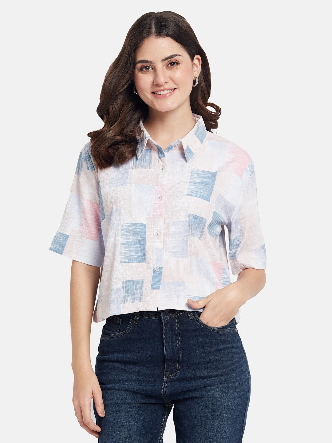 METTLE Women Boxy Fit Abstract Printed Spread Collar Cotton Casual Shirt
