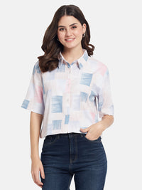 METTLE Women Boxy Fit Abstract Printed Spread Collar Cotton Casual Shirt