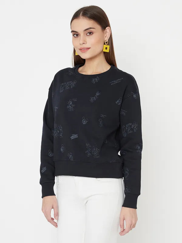 Mettle Women Navy Blue Printed Sweatshirt