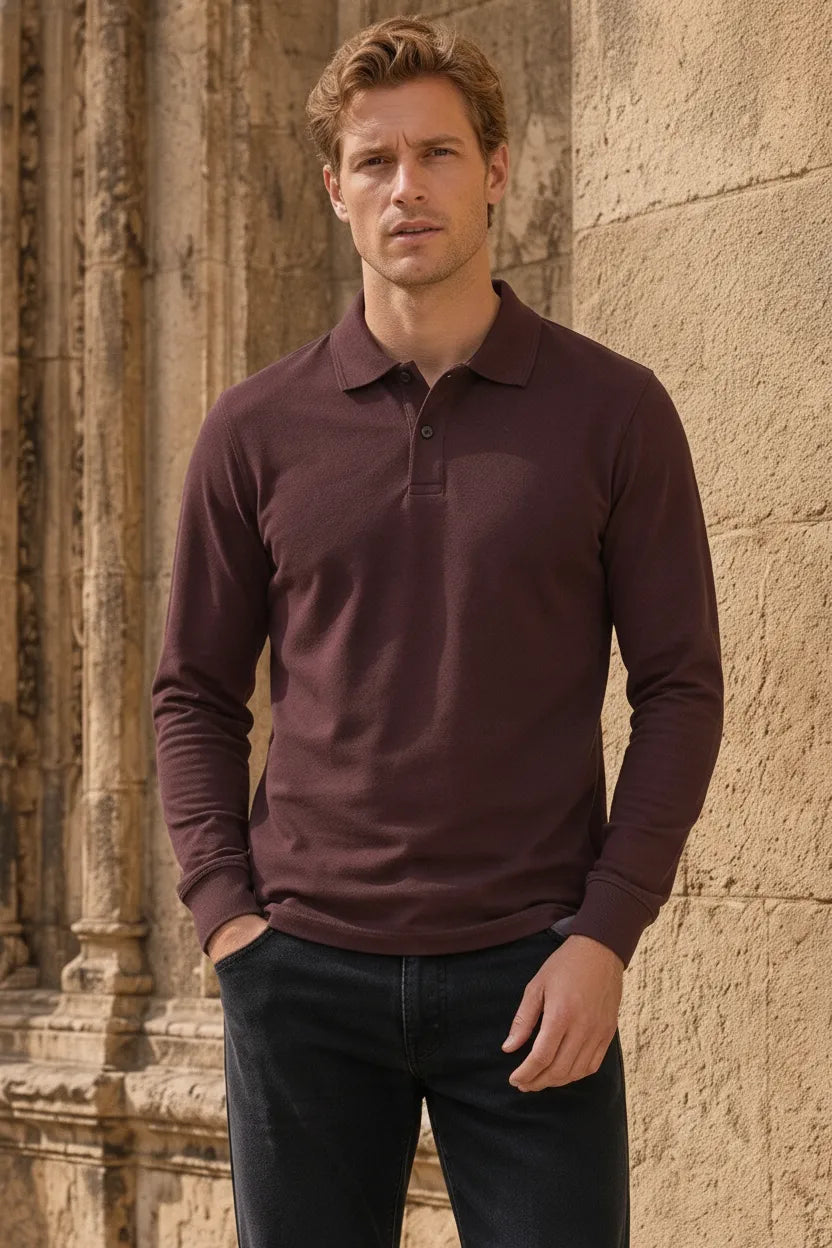Men’s Espresso Pique Lycra Polo Neck Full-Sleeve Winter T-Shirt