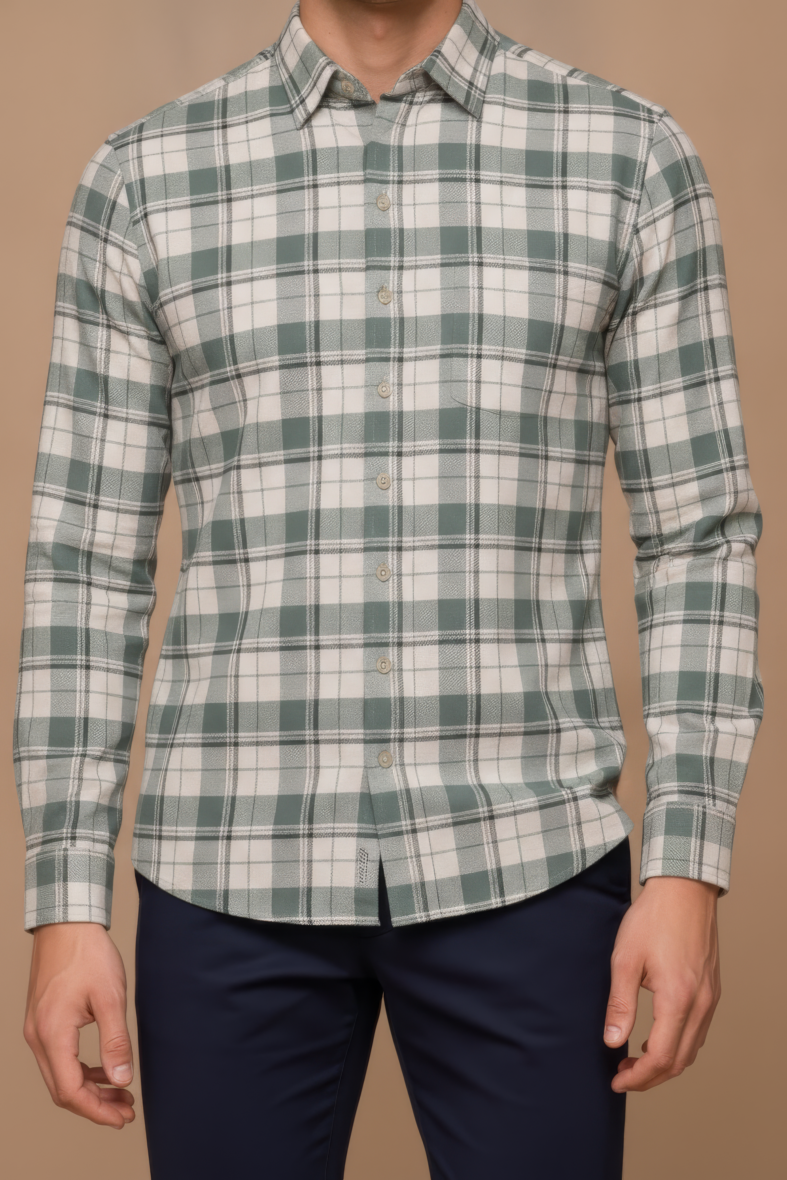 Men’s Fern Green Check Oxford Cotton Full-Sleeve Shirt