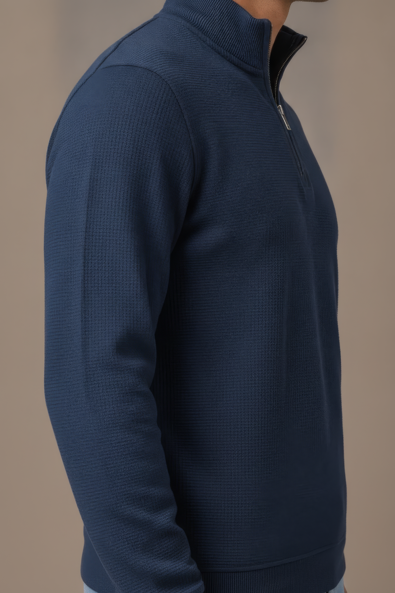 Men’s Dark Navy Standing Collar Half Zipper Sweatshirt - Brushed Seer Sucker Fabric