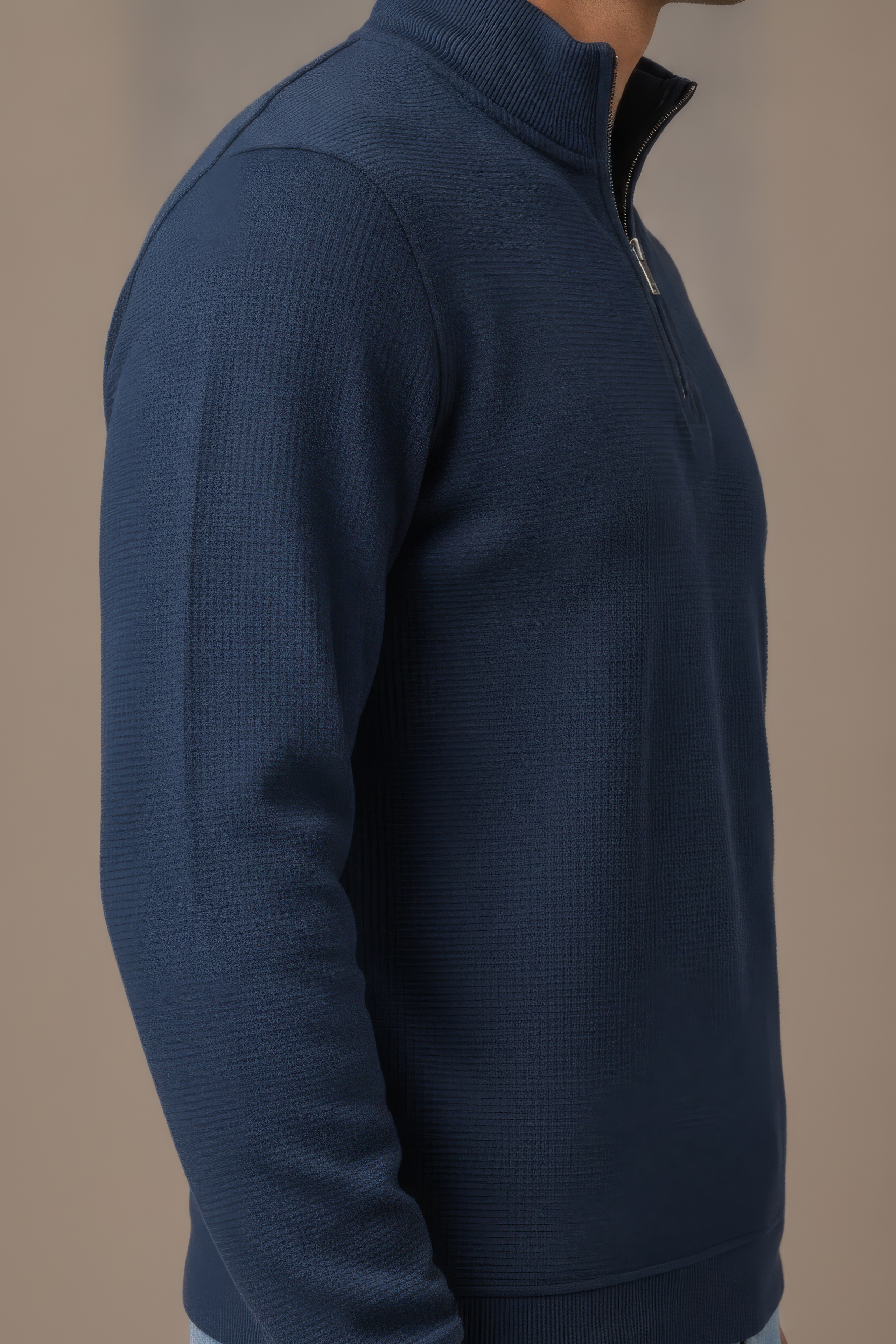 Men’s Dark Navy Standing Collar Half Zipper Sweatshirt - Brushed Seer Sucker Fabric