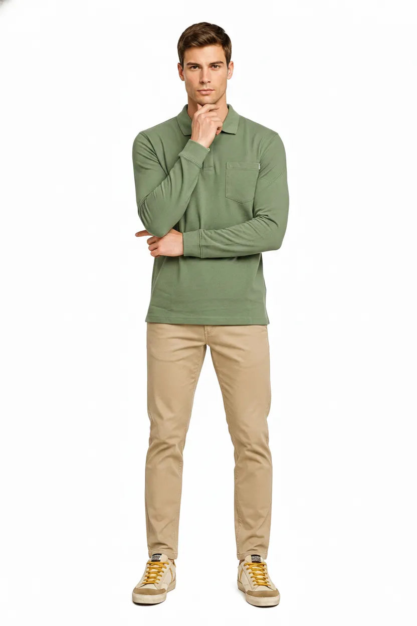 Men's Oil Green Full Sleeve Cotton Pique Polo T-Shirt | Premium Pre-Winter Casual Polo