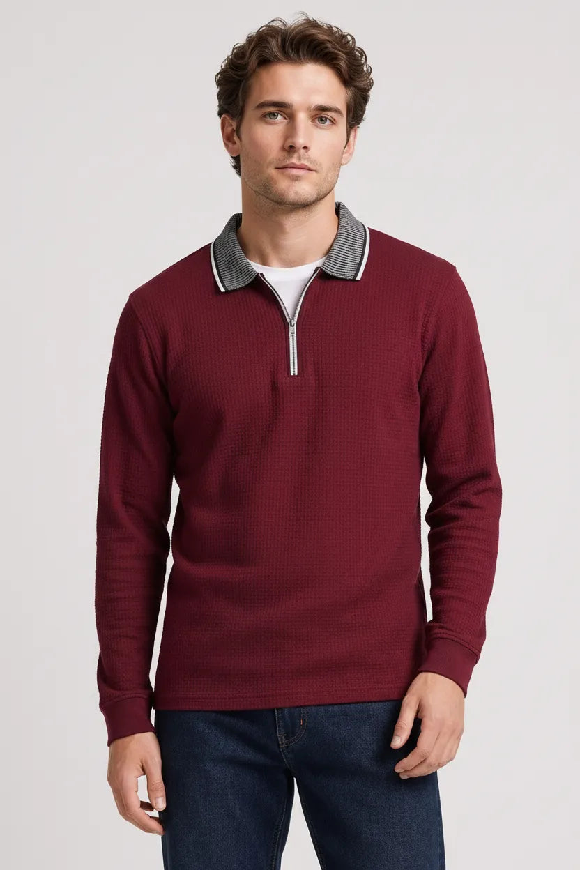 Men's Merlot Structured Cotton Half-Zip Polo T-Shirt | Full Sleeve Textured Pre-Winter