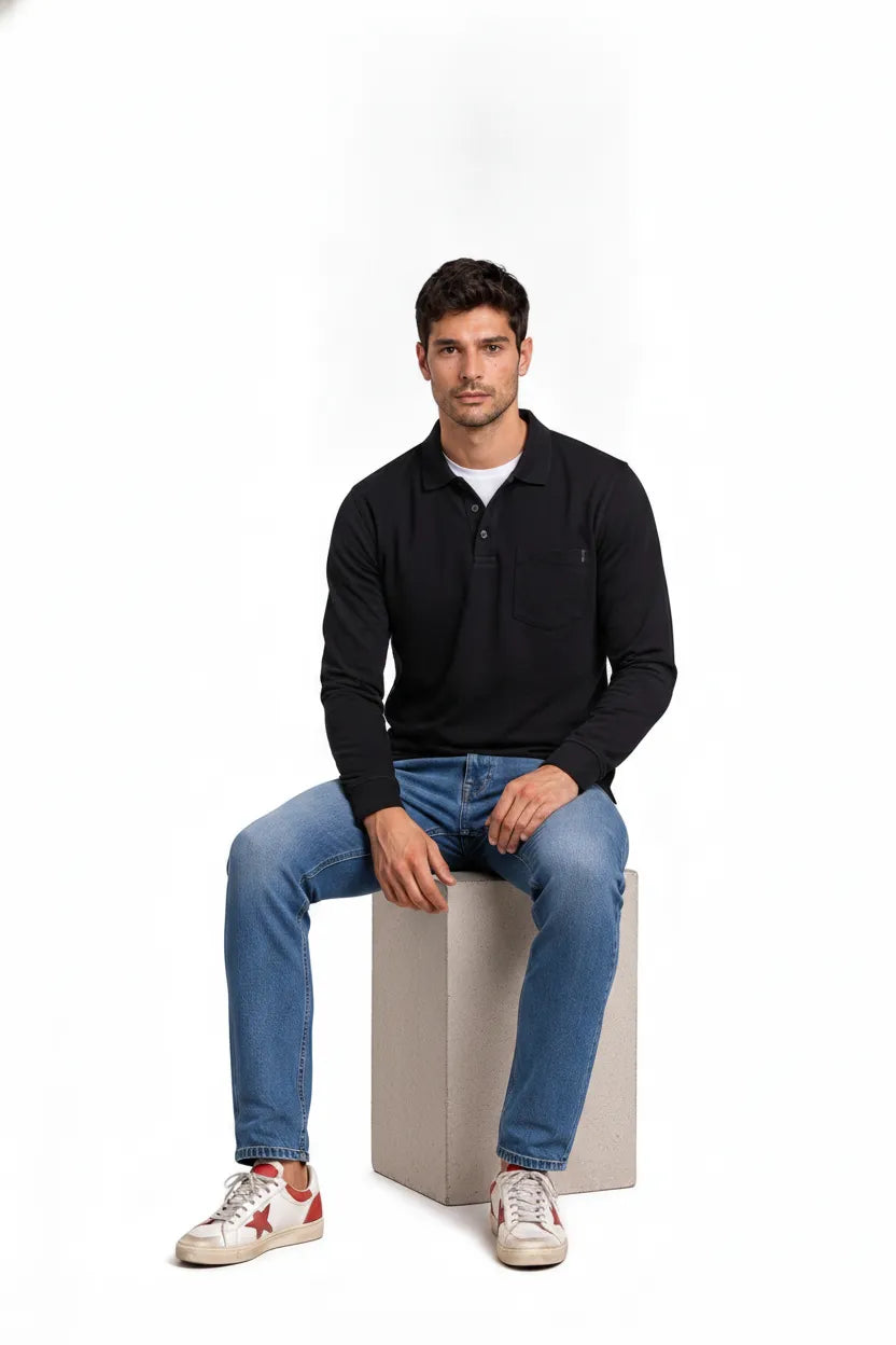 Men's Black Green Full Sleeve Cotton Pique Polo T-Shirt | Premium Pre-Winter Casual Polo