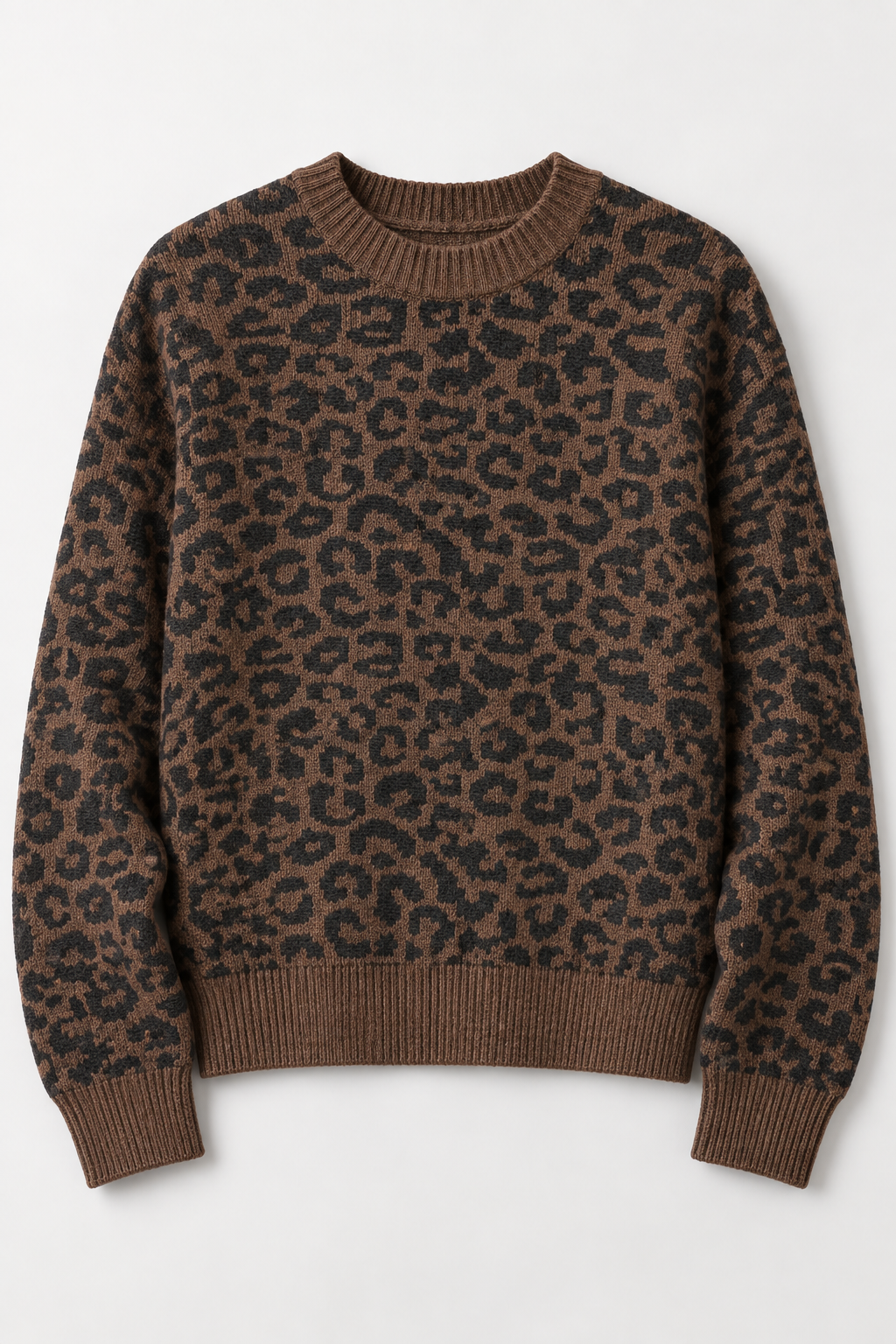 Women’s Coffee Knitted Wool Animal Print Sweater – Regular Fit Crew Neck