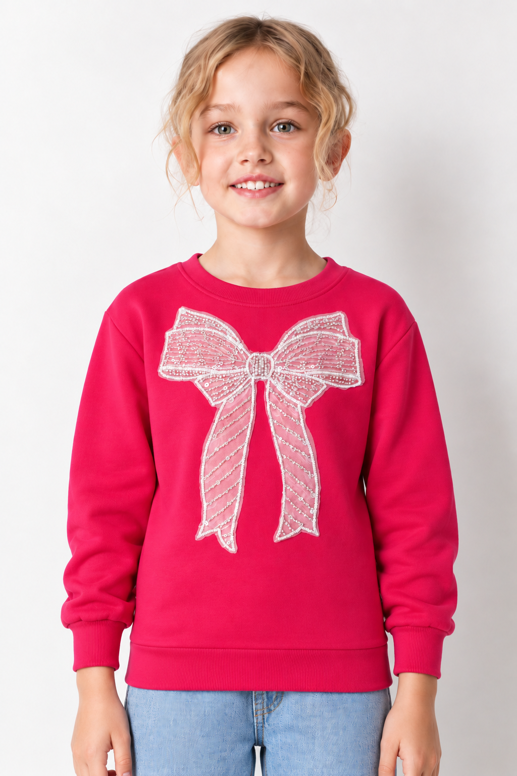 Junior Girls Hot Pink German Velvet Regular Fit Bow Embellished Sweatshirt