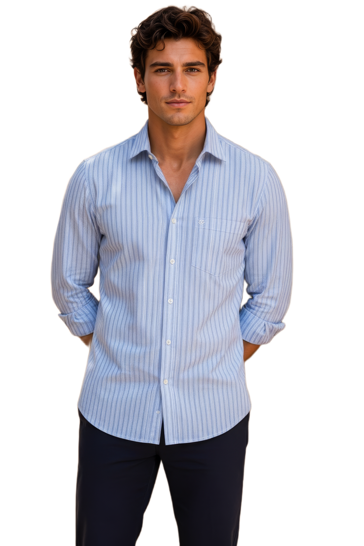 Men’s Sky Blue Striped Cotton Slub Full Sleeve Casual Shirt