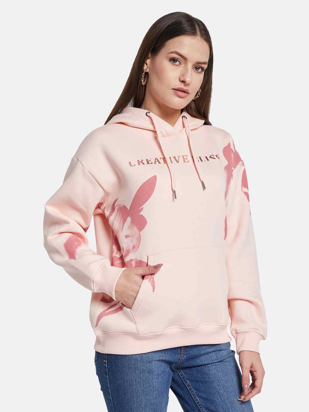 METTLE Women Printed Hooded Pullover Sweatshirt