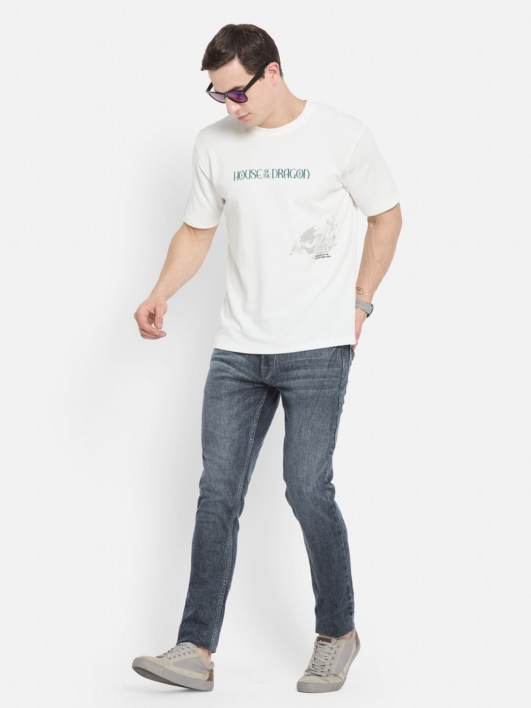OVERSIZED WARNER BROTHERS BACK PRINT ROUND NECK WAFFLE KNIT T-SHIRT