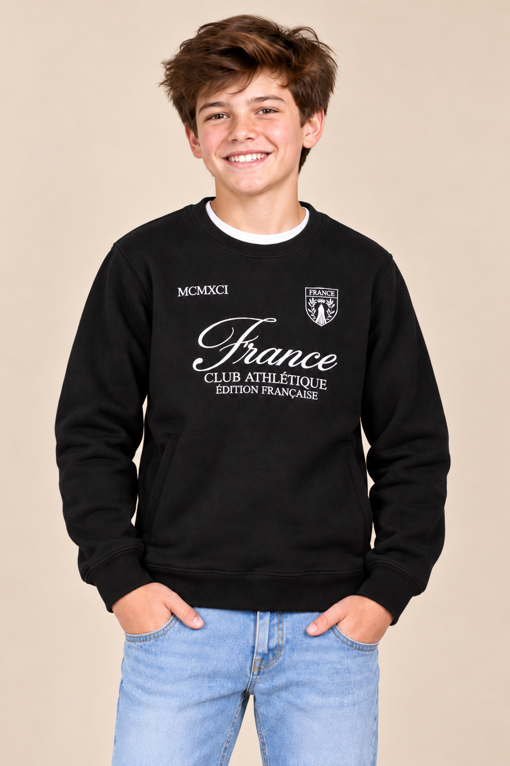 Junior Boys Black Graphic Sweatshirt – Cotton Brushed Fleece Regular Fit Crew Neck