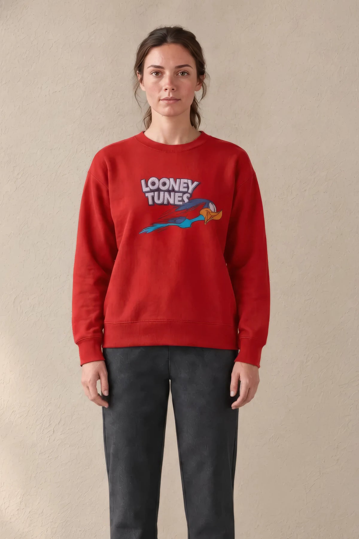 Women’s Tomato Brushed Cotton Looney Tunes Road Runner Sweatshirt | Regular Fit Crew Neck Graphic Sweatshirt