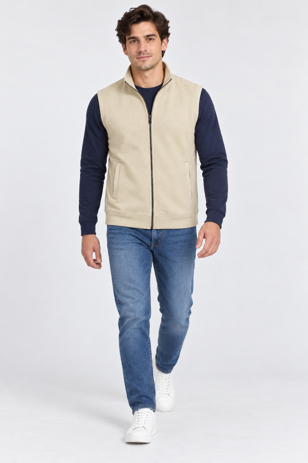 Men’s Natural Melange German Velvet Knitted Gilet – Regular Fit Full Zip Sleeveless Jacket