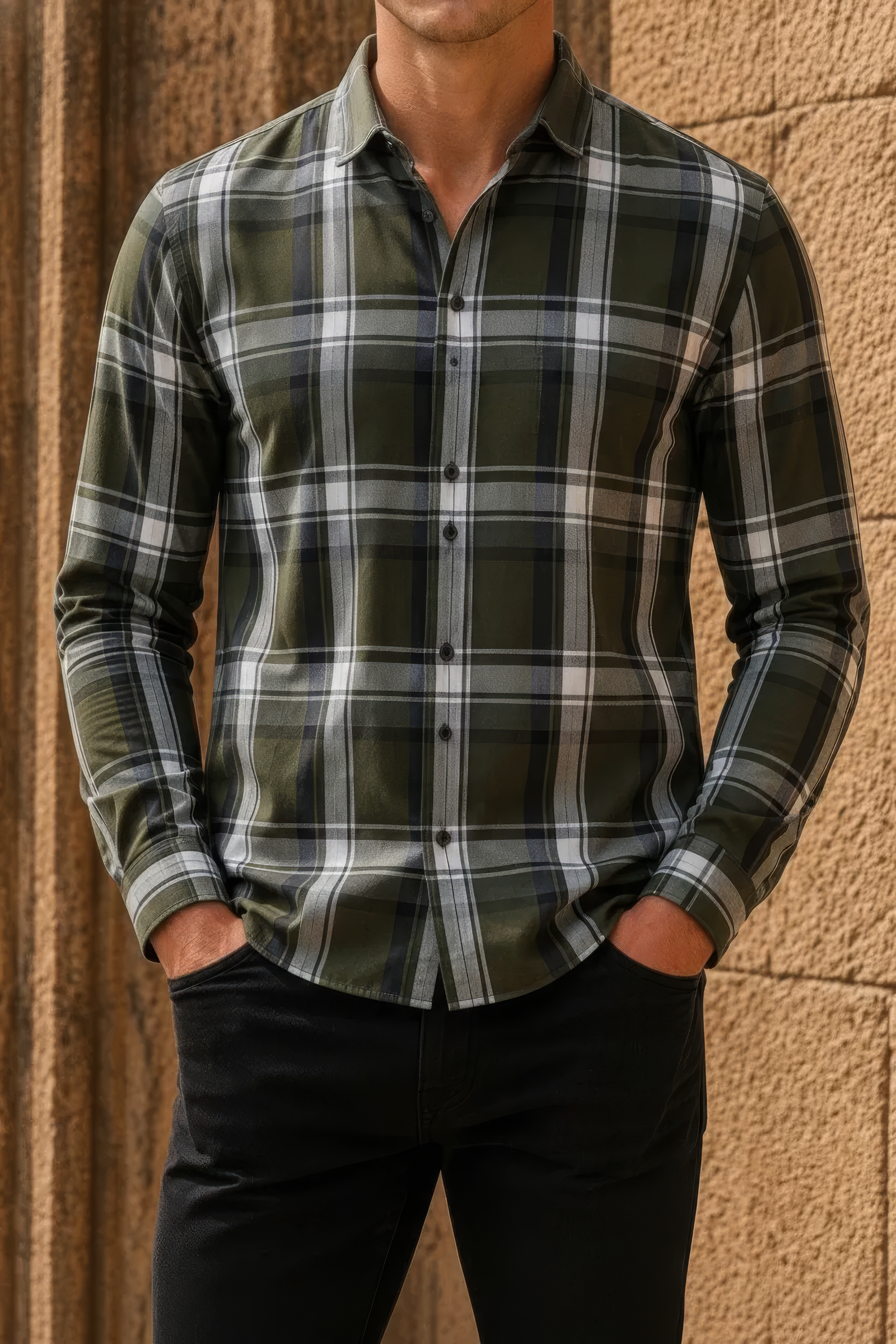 Men’s Olive Check Cotton Tencel Shirt