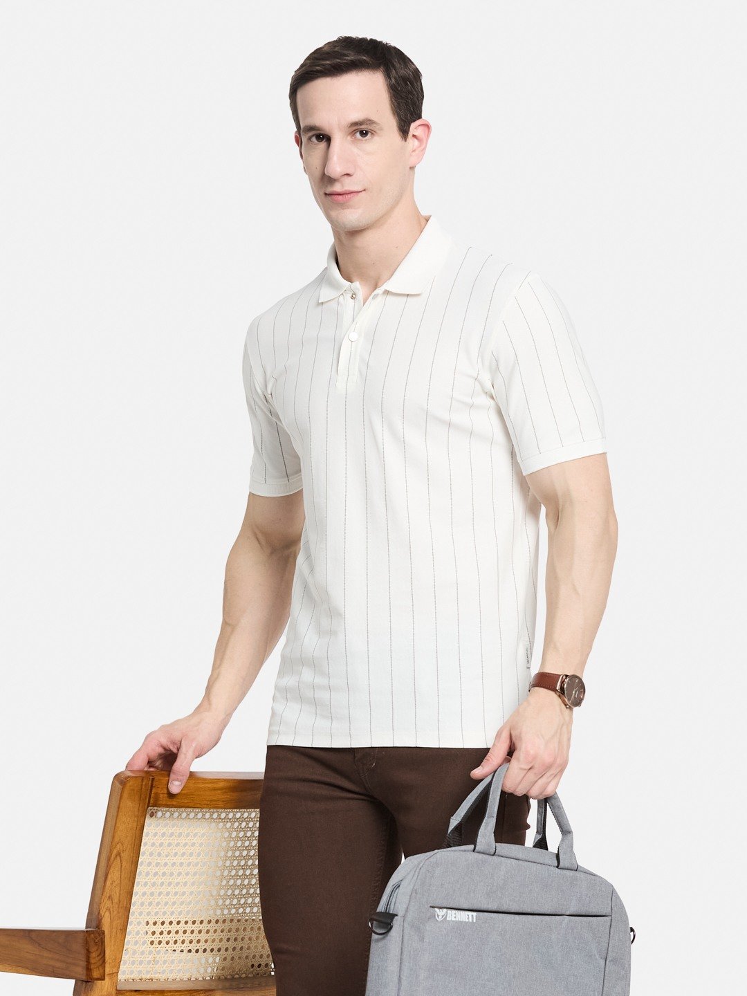 Octave Men Striped Polo Collar Cotton T-shirt