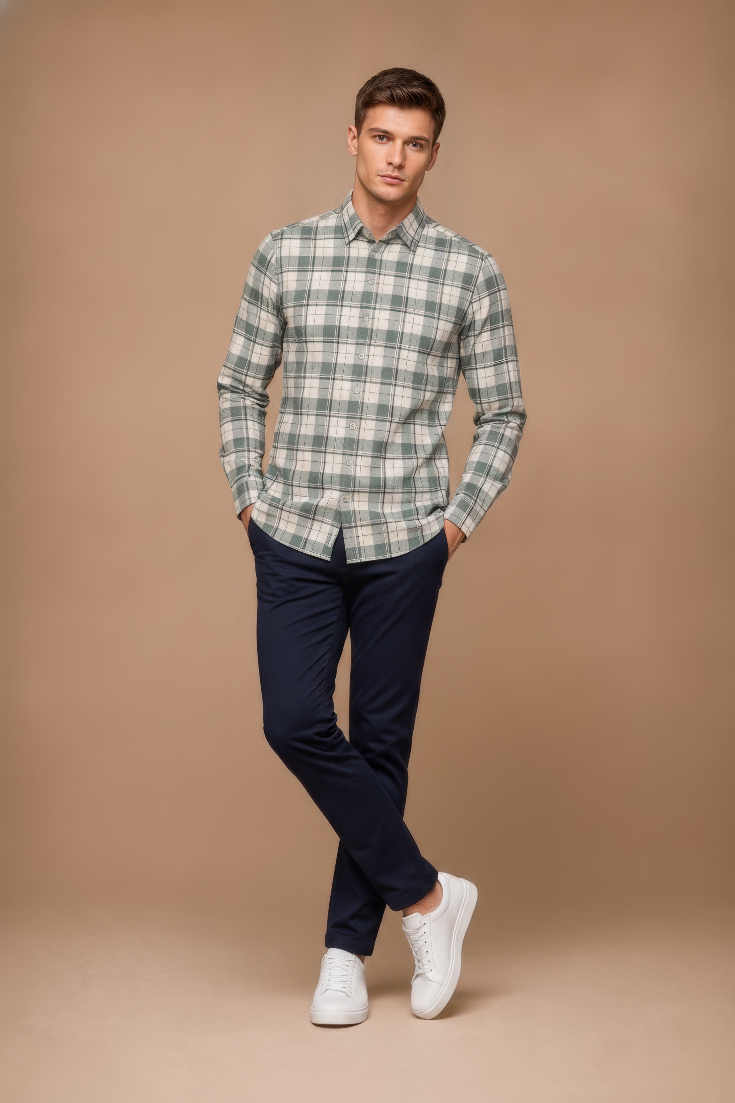 Men’s Fern Green Check Oxford Cotton Full-Sleeve Shirt