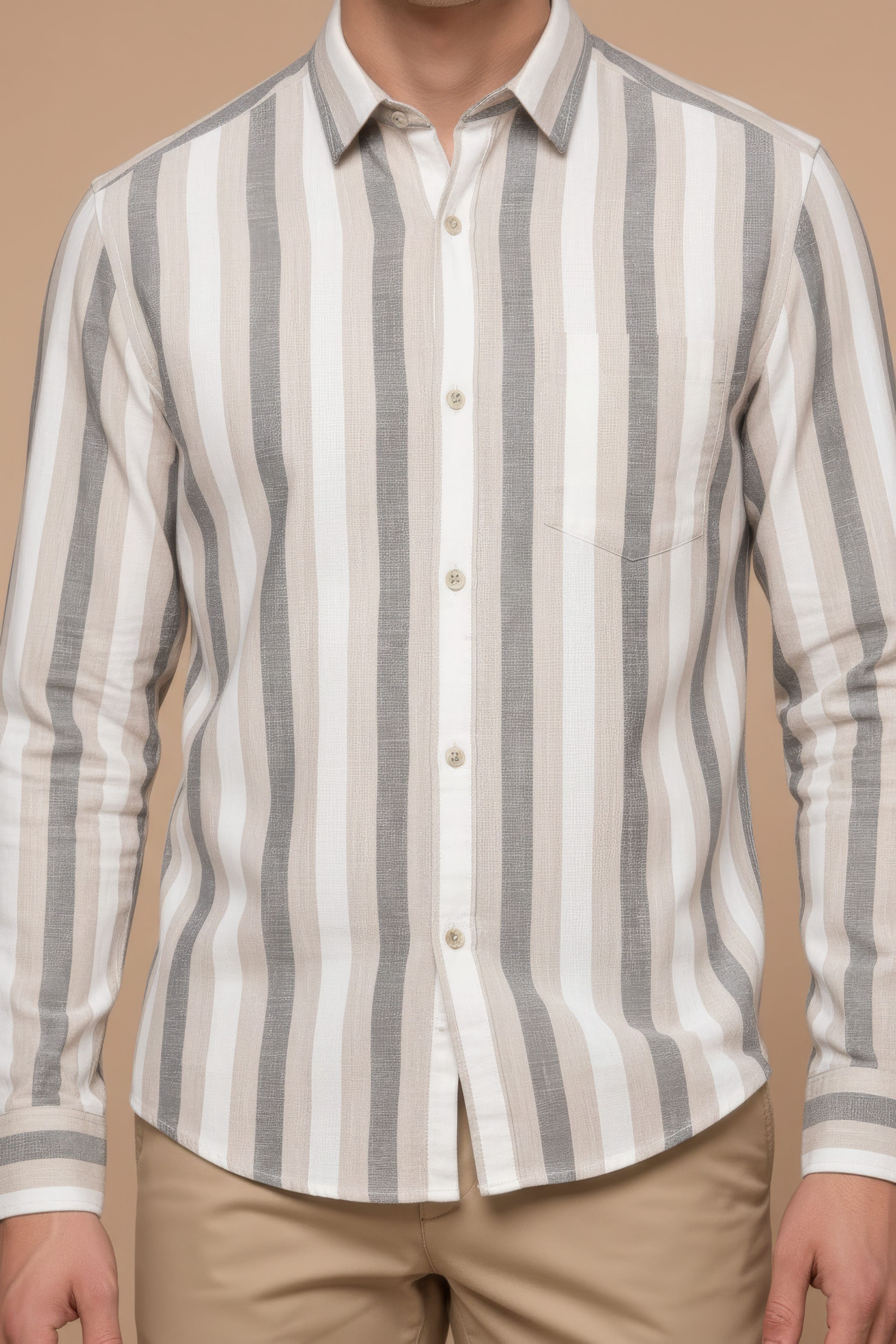 Men’s Natural Blue Striped Twill Cotton Shirt