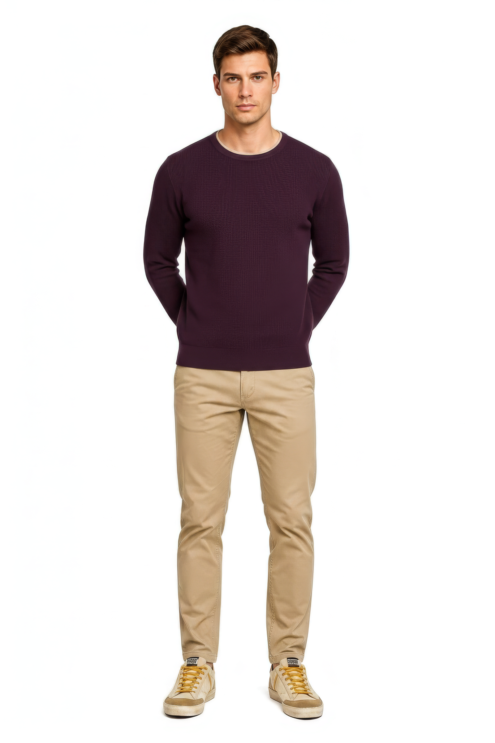 Men’s Wine Structured Cotton Round-Neck Full-Sleeve Winter Top