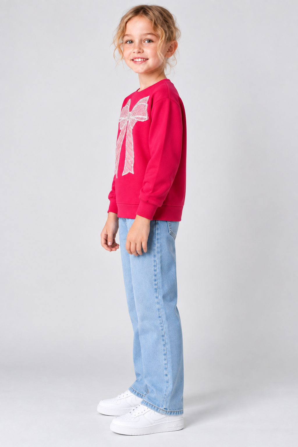 Junior Girls Hot Pink German Velvet Regular Fit Bow Embellished Sweatshirt
