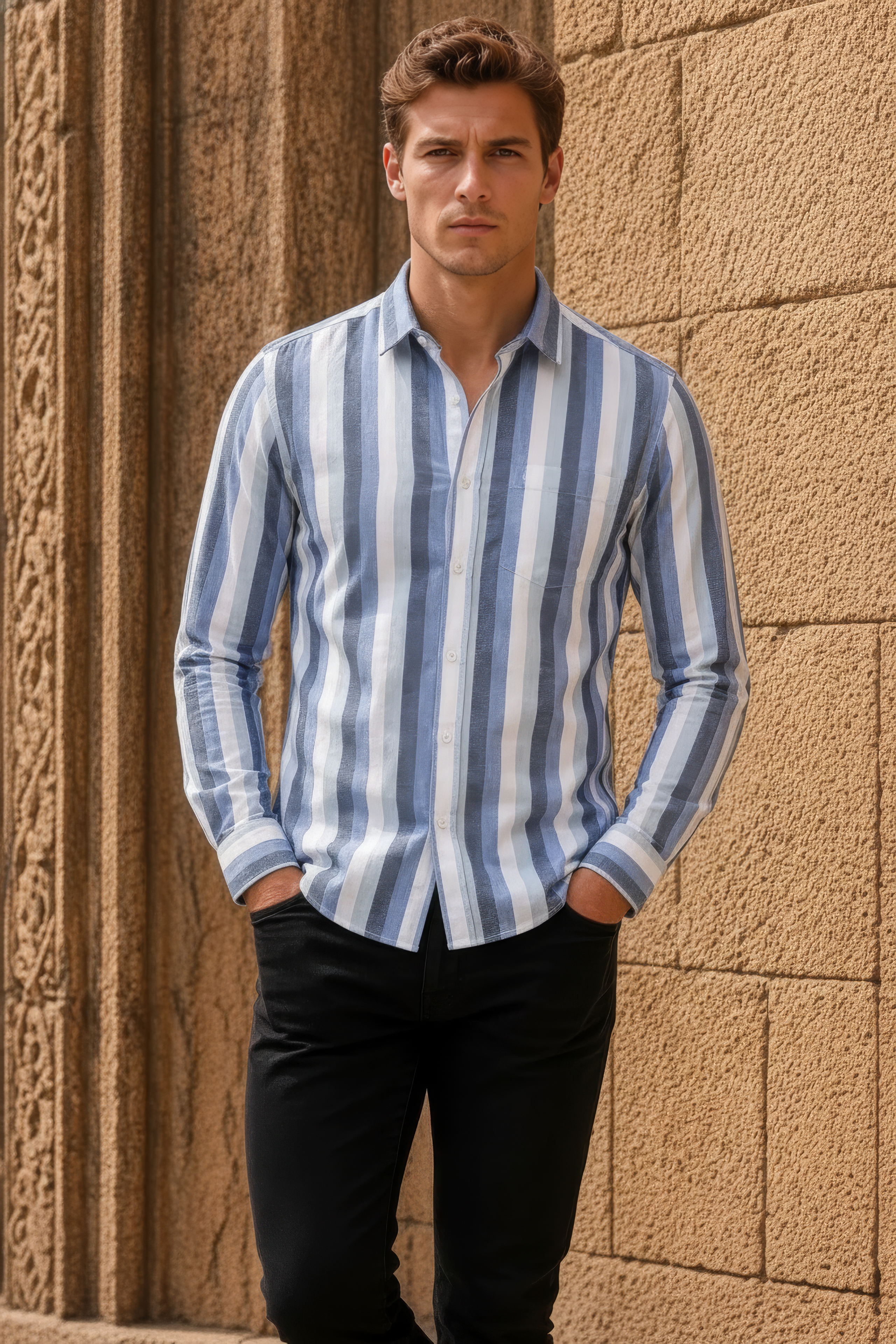 Men’s Sky Blue Striped Twill Cotton Shirt