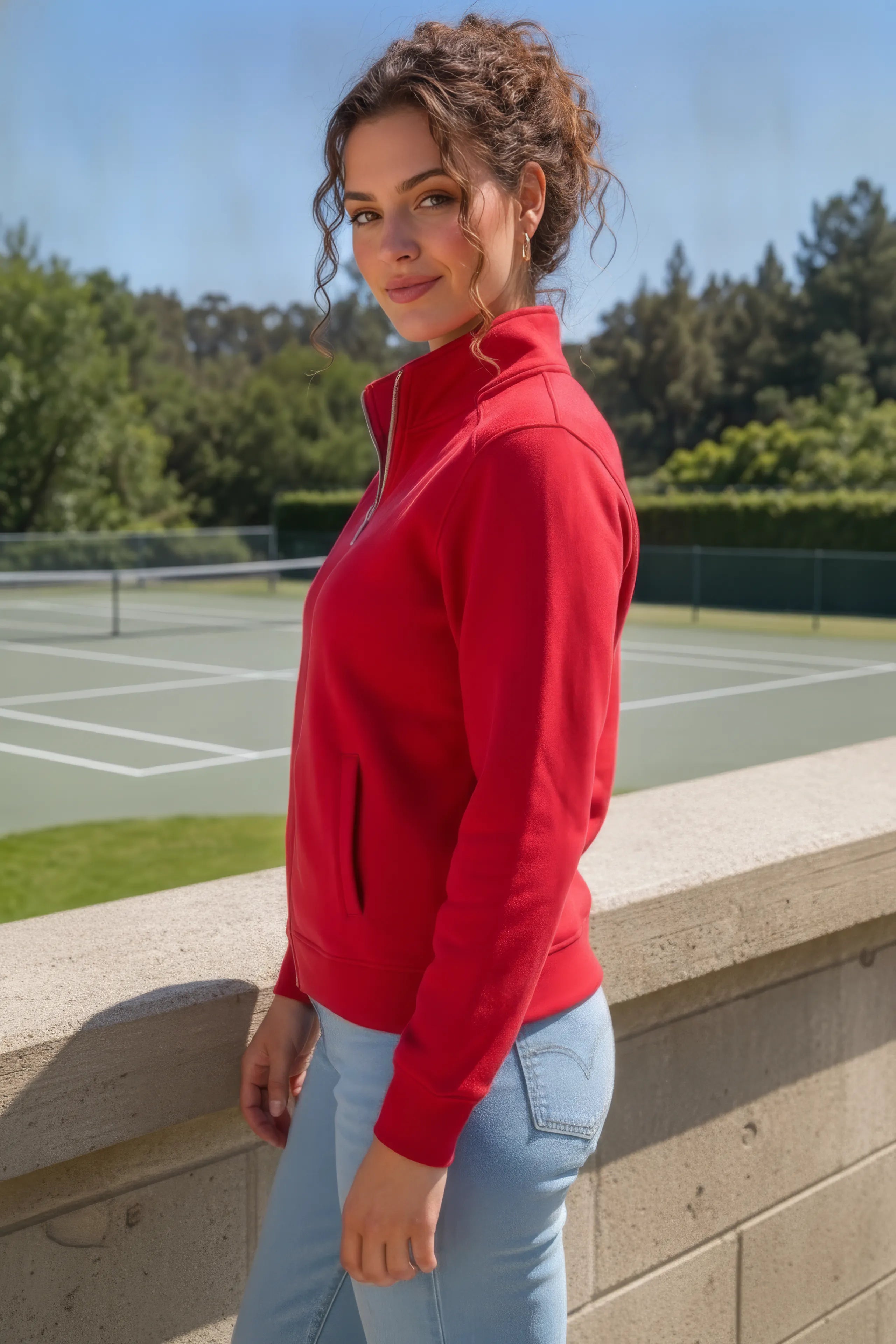 Women Hot Pink Cotton Blended German Velvet Full Zip | Standing Collar Winter Sweatshirt