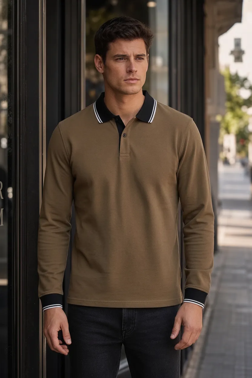 Men’s Tan Full Sleeve Polo T-Shirt | Cotton Blend Lycra Stretch
