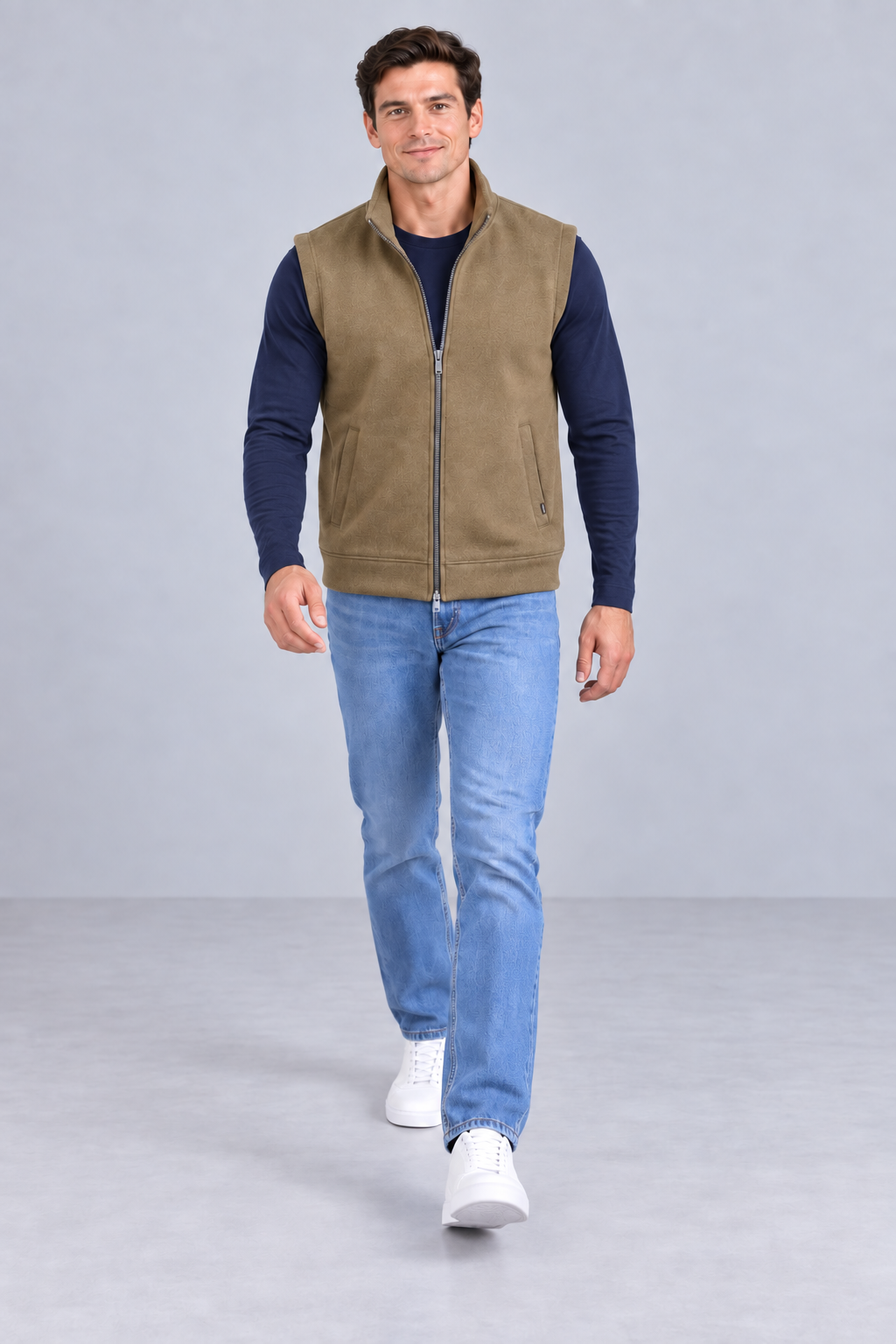 Men’s Brown Melange German Velvet Knitted Gilet – Regular Fit Full Zip Sleeveless Jacket