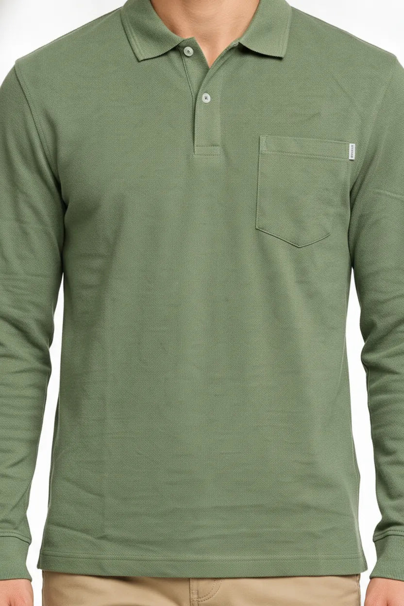 Men's Oil Green Full Sleeve Cotton Pique Polo T-Shirt | Premium Pre-Winter Casual Polo