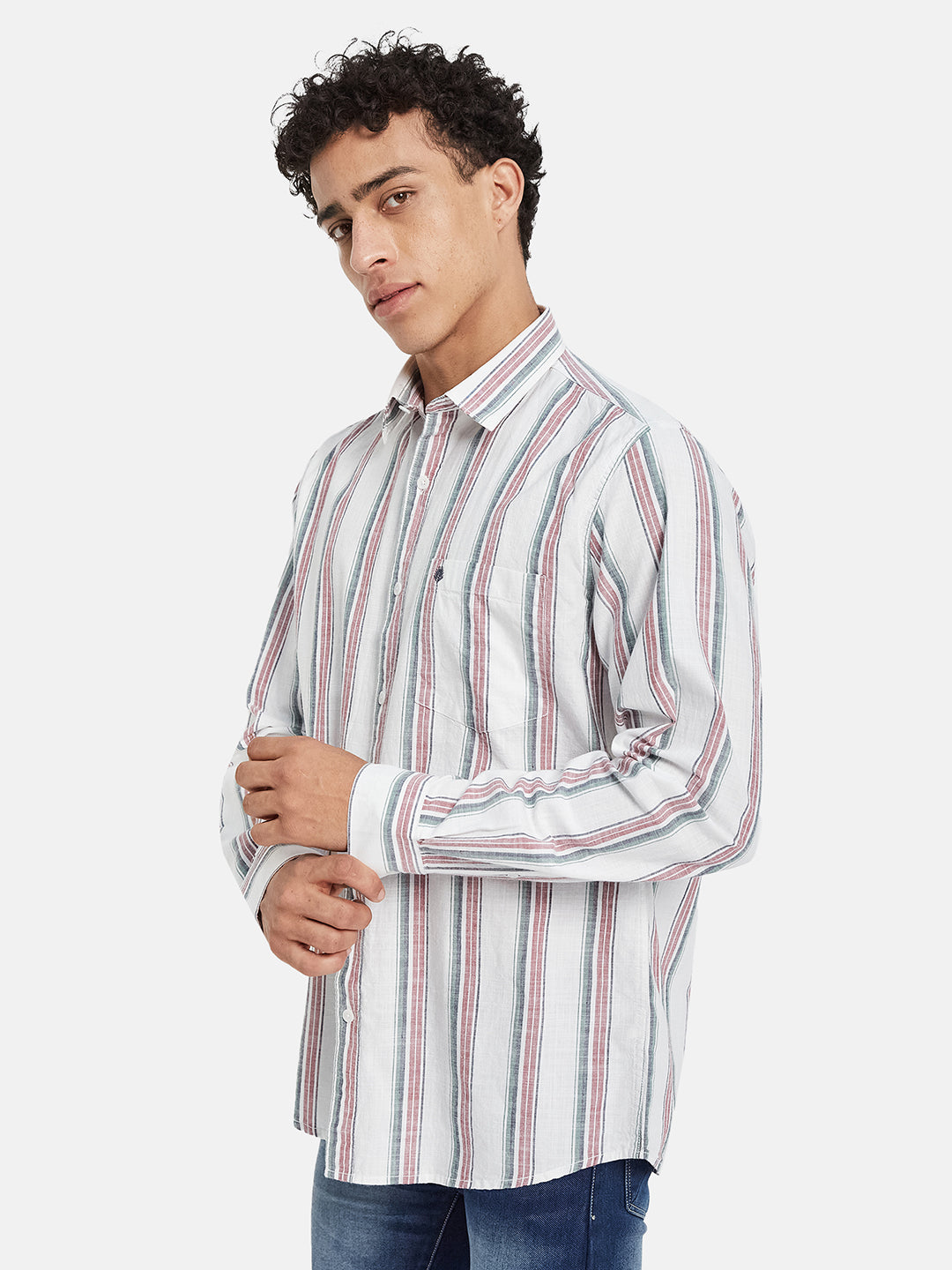 METTLE Striped Long Sleeves Spread Collar Cotton Opaque Regular Fit Casual Shirt