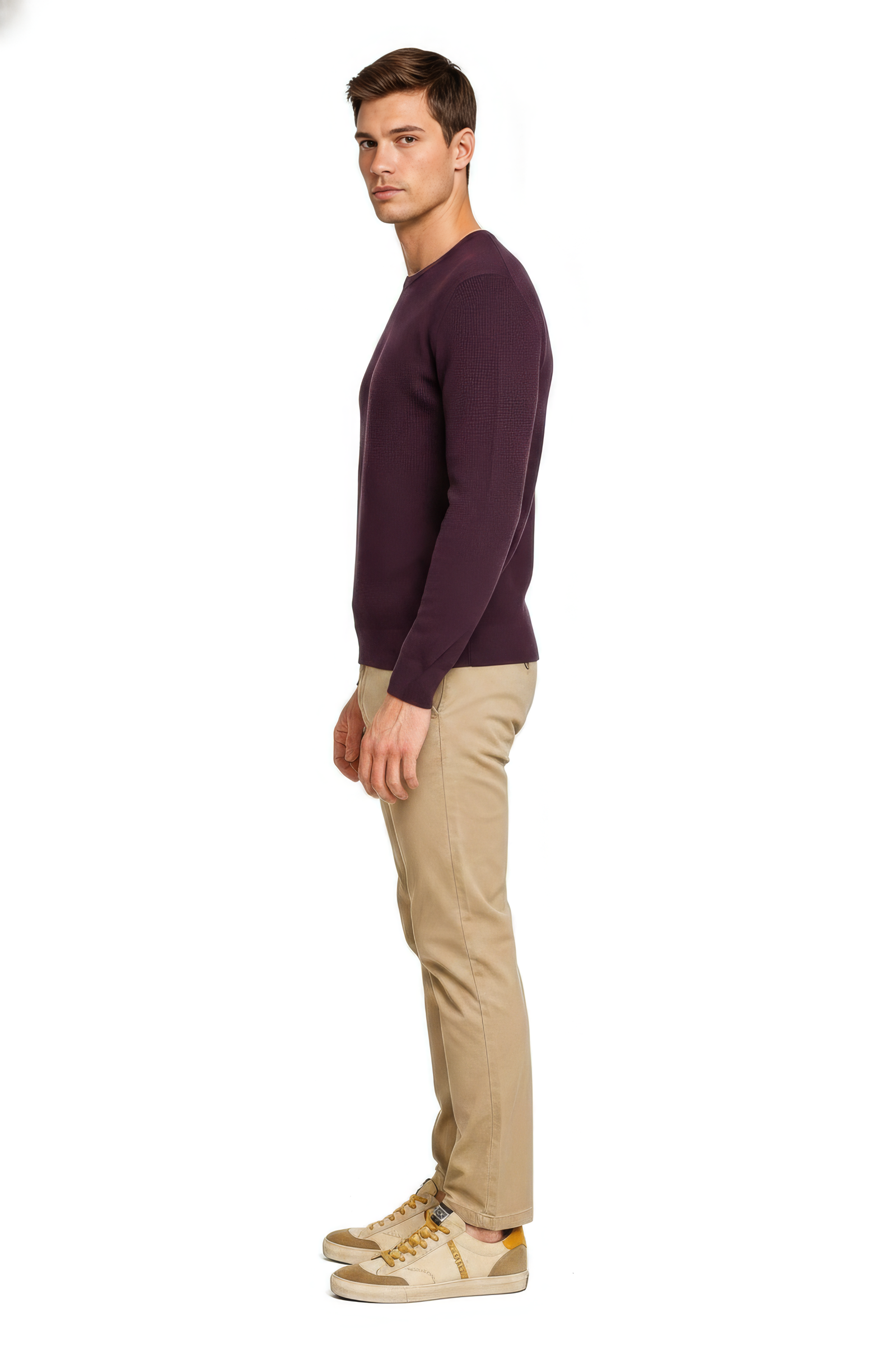 Men’s Wine Structured Cotton Round-Neck Full-Sleeve Winter Top