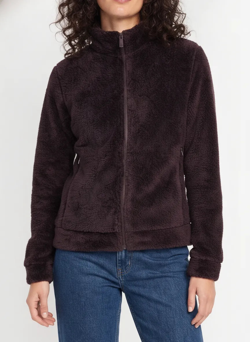 Women’s Wine Coral Fur Full-Zip Sweatshirt with Standing Collar and Side Pockets