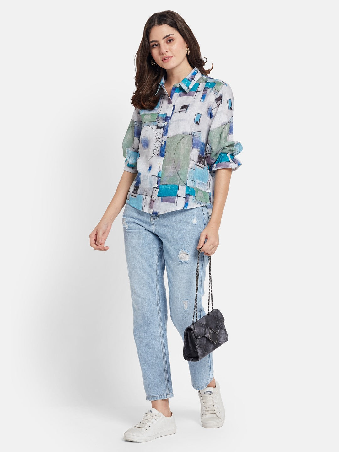 METTLE SS25 Geometric Printed Spread Collar Cotton Casual Shirt