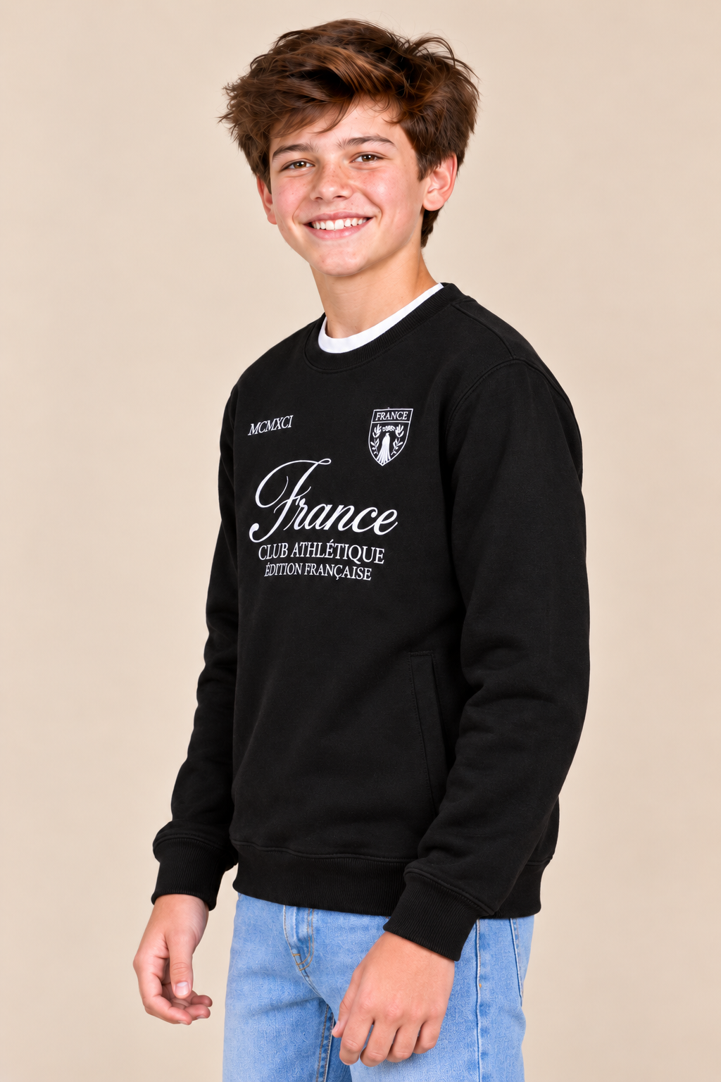 Junior Boys Black Graphic Sweatshirt – Cotton Brushed Fleece Regular Fit Crew Neck