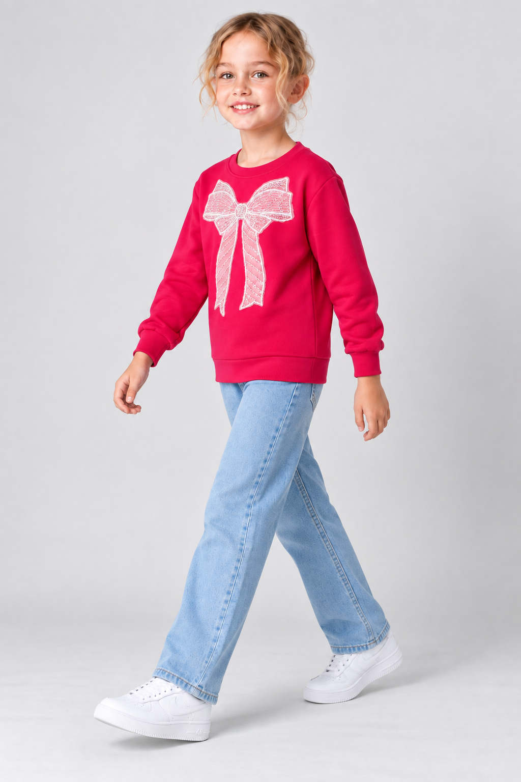 Junior Girls Hot Pink German Velvet Regular Fit Bow Embellished Sweatshirt