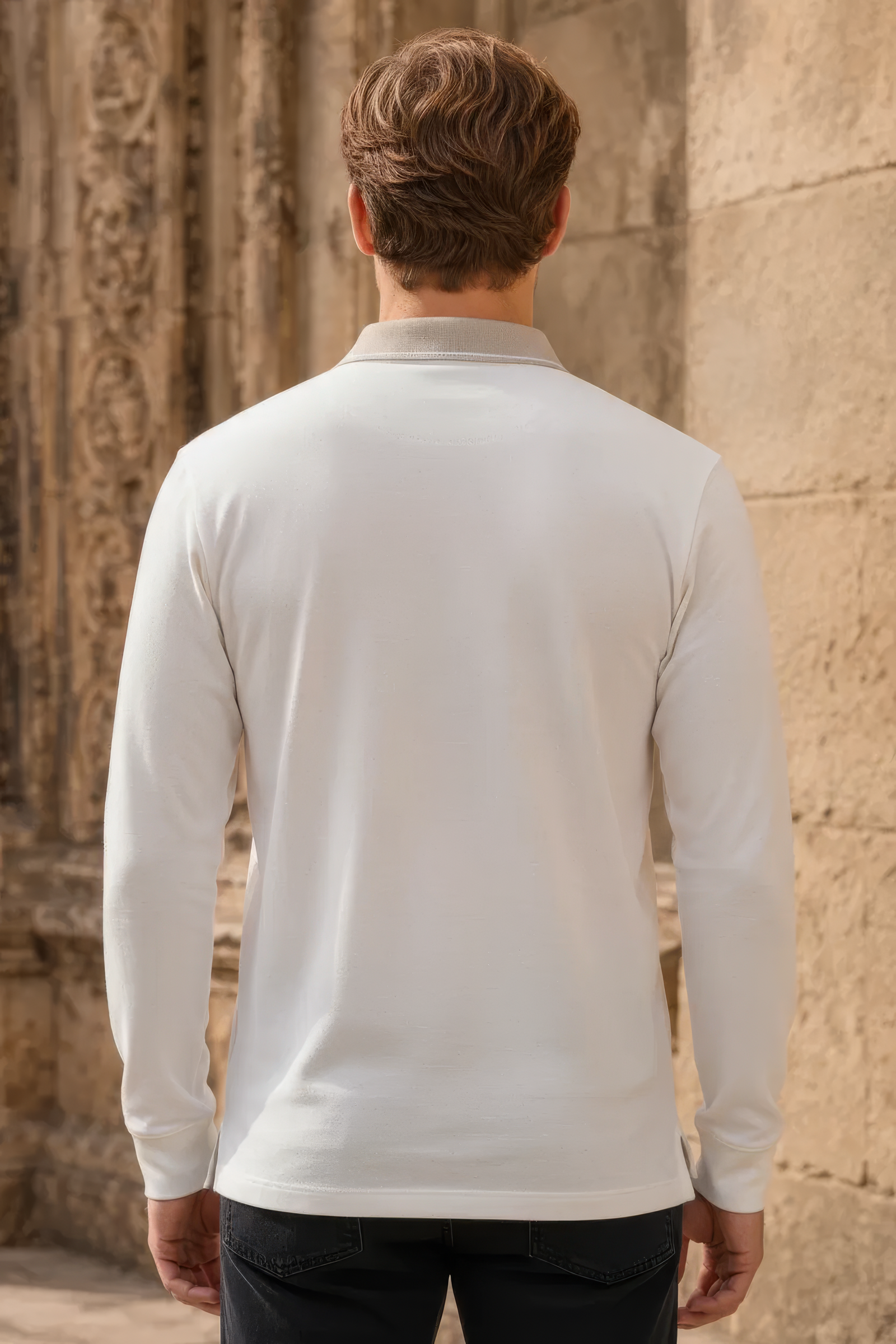 Men’s OFF WHITE  Full Sleeve Polo T-Shirt – Cotton Blend Lycra Stretch  | Contrast Collar